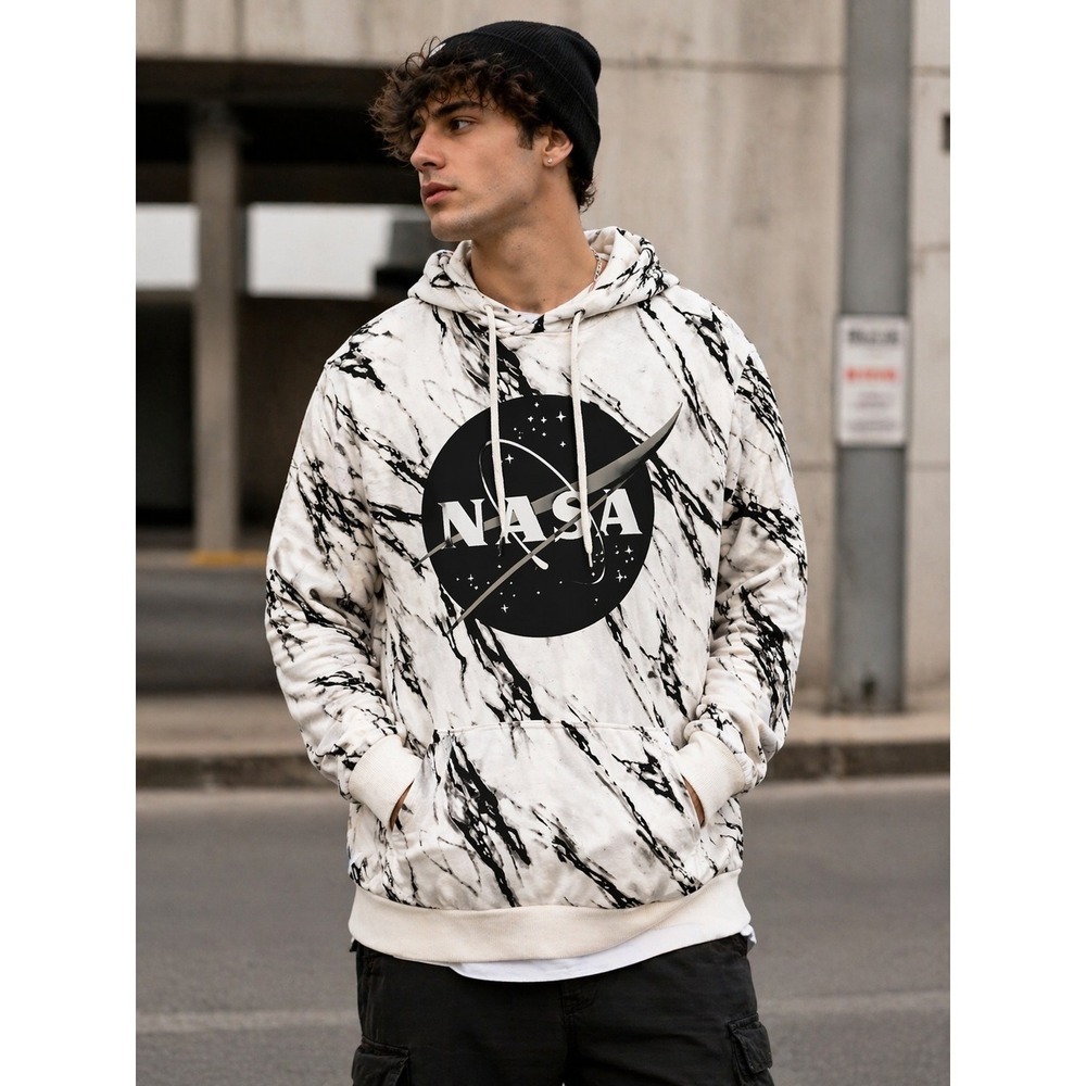 NASA Men's XL White Black Marble Graphic Print  Hoodie Sweatshirt NWT New‎ L100